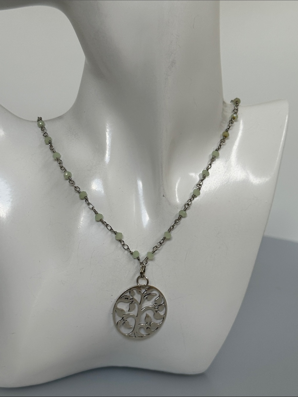 925 Sterling Silver Tree of Life Pendant Necklace with Pale Green Beads
